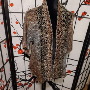 FEVER LADIES KNIT CROCHET SHORT JACKET IN GREYS & BROWNS SIZE MEDIUM/UNIQUE